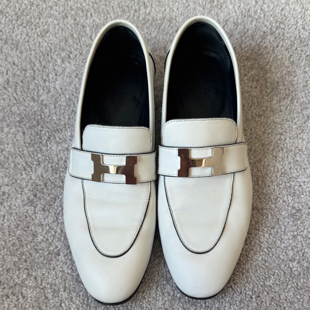 Hermes White Leather Paris Loafers with silver buckle, size 38